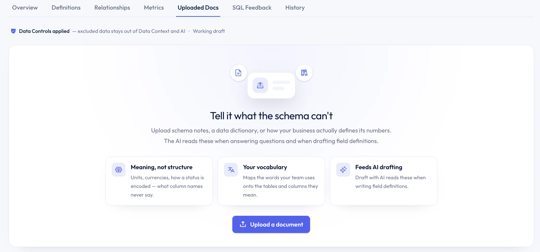 Uploaded Docs screen for adding schema notes, data dictionaries, and business vocabulary